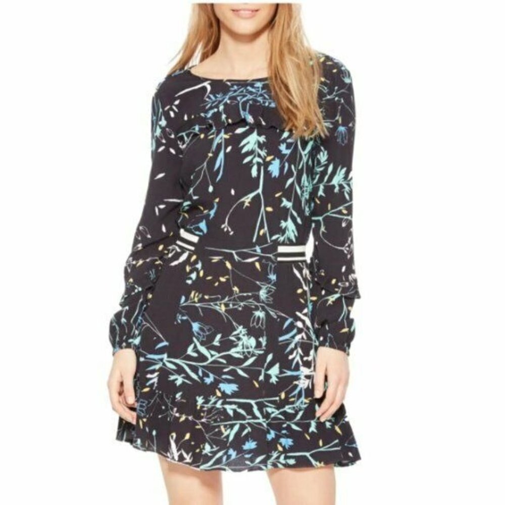 Parker Black Floral Crepe JOELLE Long Sleeve Ruffle Fit Flare Dress Size Small